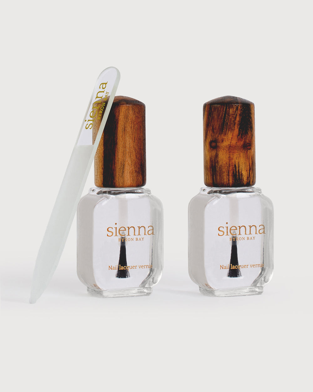 Clear base coat polish and clear top coat polish glass bottle with timber cap, small glass nail file