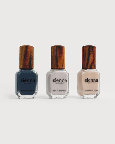 trio pack Sienna non-toxic nail polish glass bottles with timber lid with colours celeste, clarity, calm.
