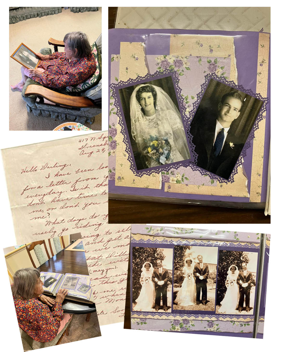 A collage of images of my Grandma joyce writing lovenotes and reminiscing over her lovestory with husband Neville