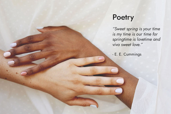 Fair skin and dark skin tone hands wearing ombre neutral colour nail polish by Sienna with Poetry text and quote.