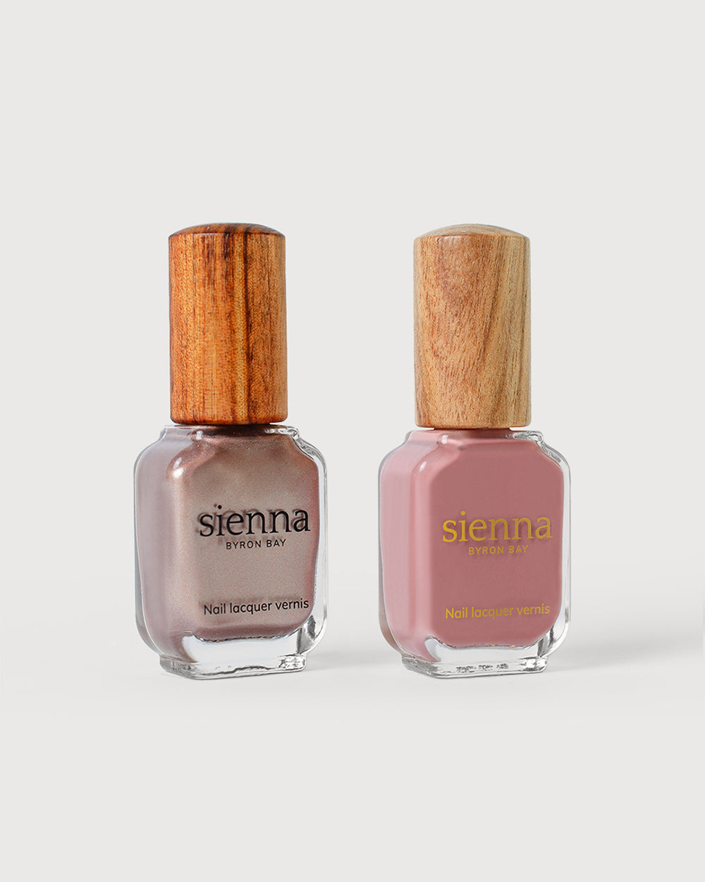 Rose brown with silver satin Glaze and Stony mauve nail polish glass bottles with timber caps