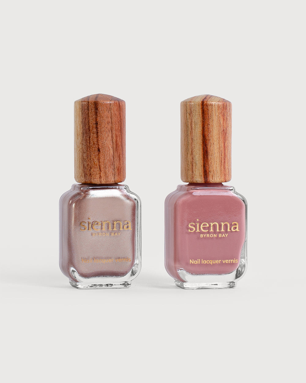 Rose brown with silver satin Glaze and Stony mauve nail polish glass bottles with timber caps