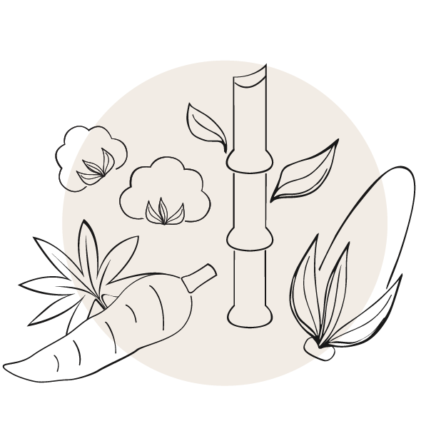 Plant based formula icon with cassava, corn, sugar cane illustration on beige circle.
