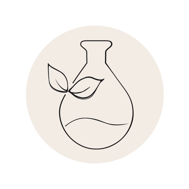 Green science glass bottle with leaves icon illustration on beige circle.