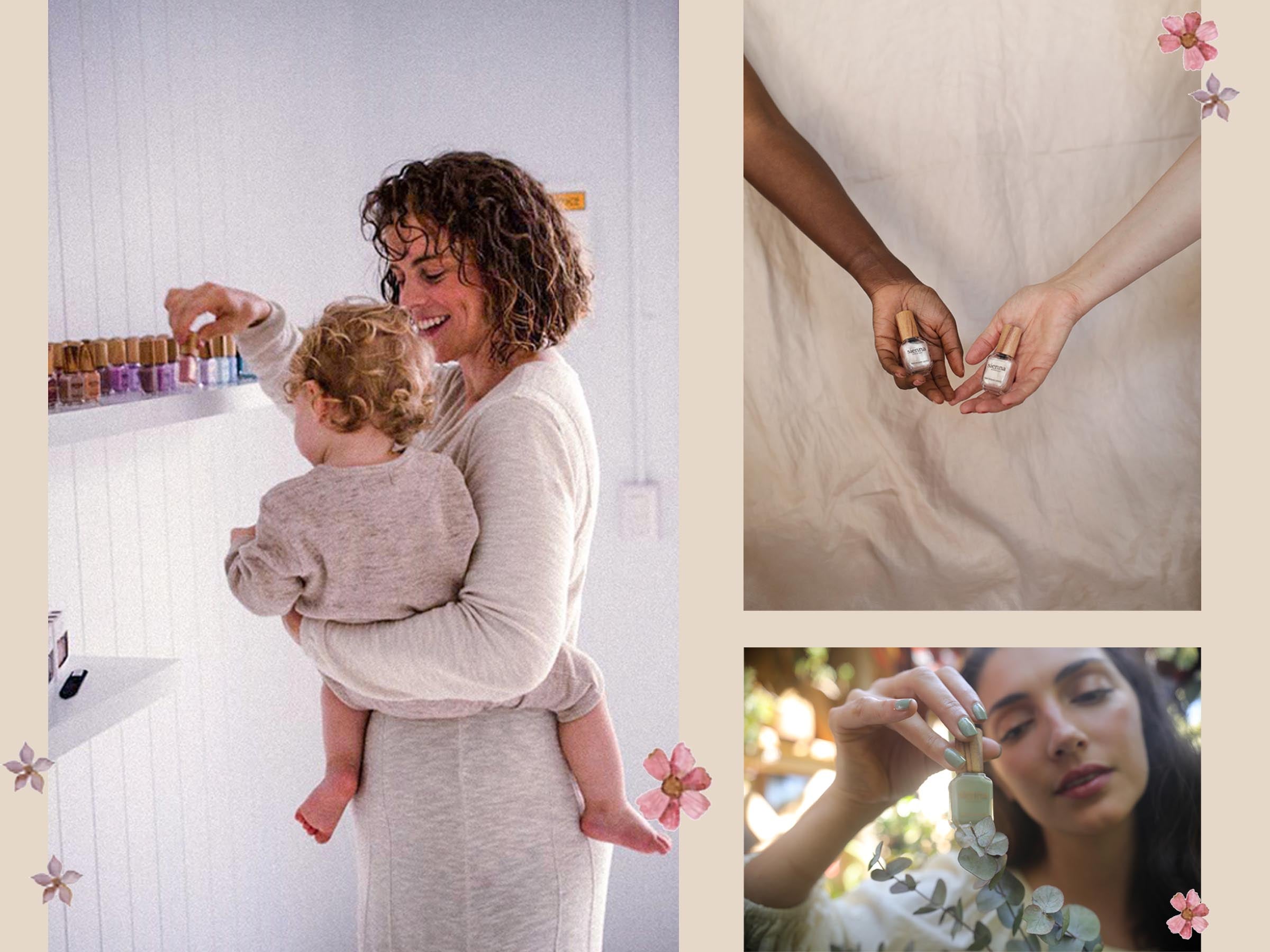 a collage of 3 images. 2 is danielle showing a toddler nail polish, 2nd is two hands with fair and dark skin tone holding nail polish and the third si a lady with black hair holding green nail polish in nature. 