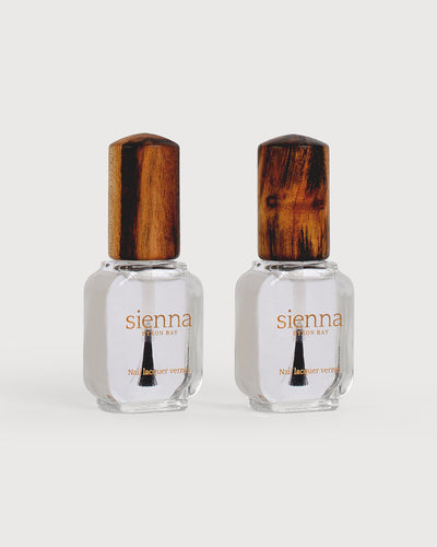 "	transparent base and top coat in glass bottle with timber cap"