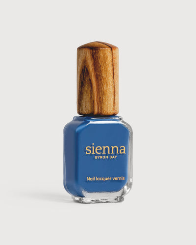 electric blue nail polish glass bottle with timber cap