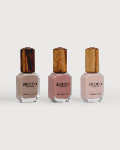 trio pack Sienna non-toxic nail polish glass bottles with timber lid with colours calm, stone, serenity.